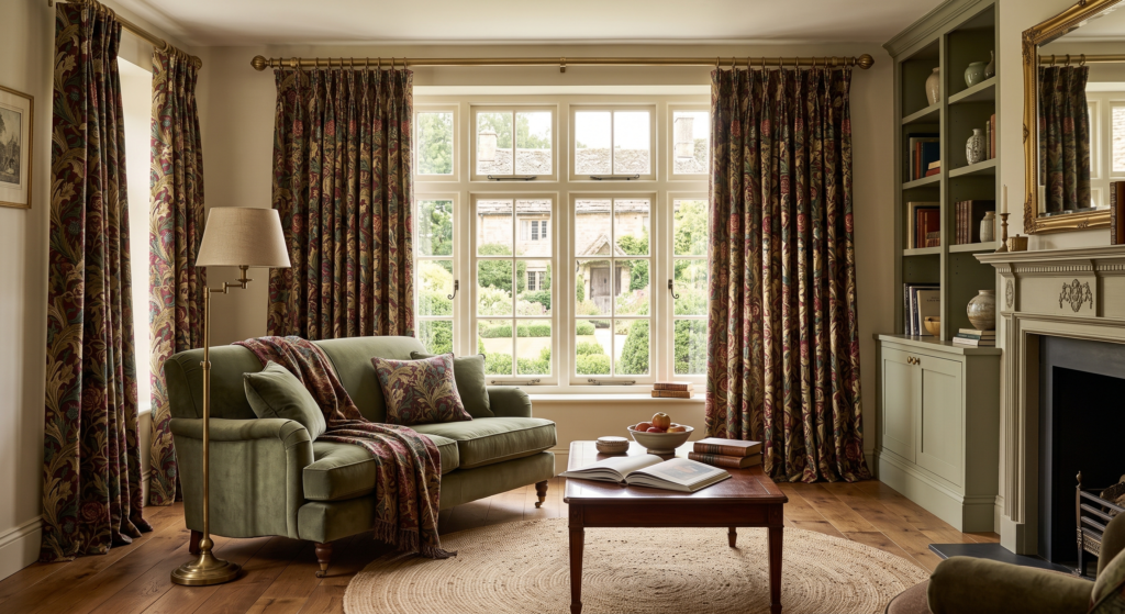 Living room with full, gathered custom curtains framing a large window