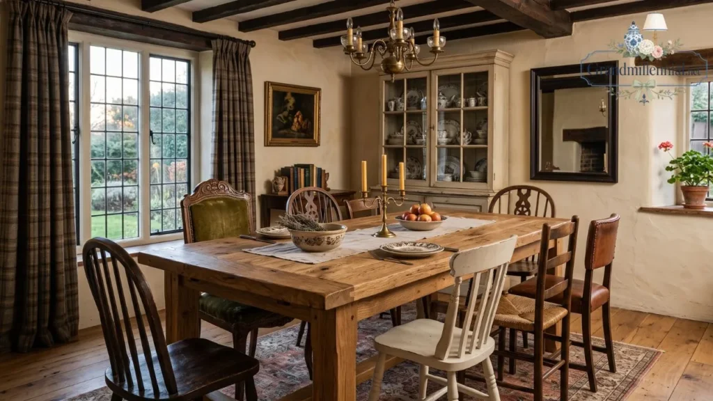 Grandmillennial-style room with oak sideboard and brass hardware