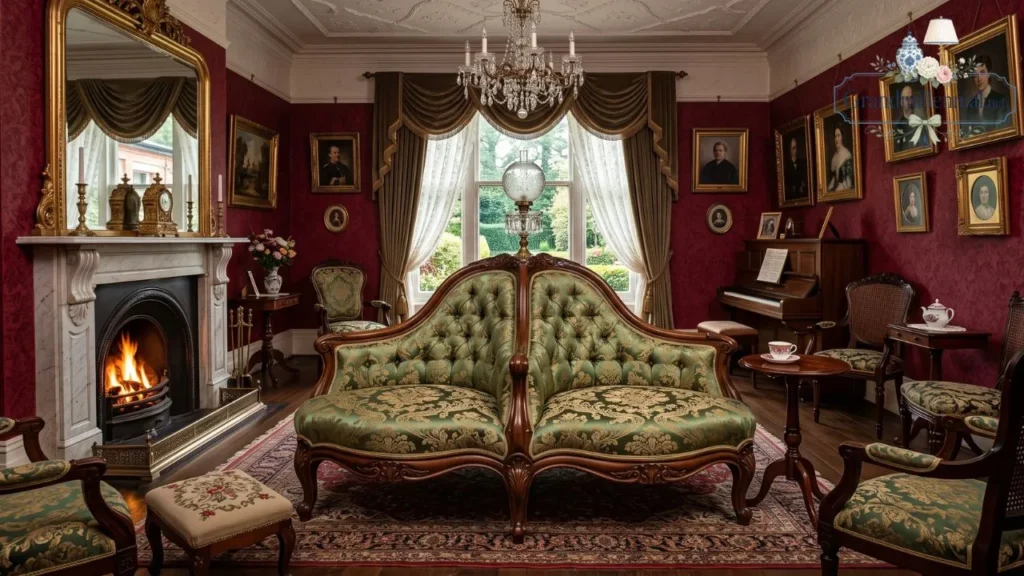 Victorian-style tete-a-tete sofa in a formal parlor