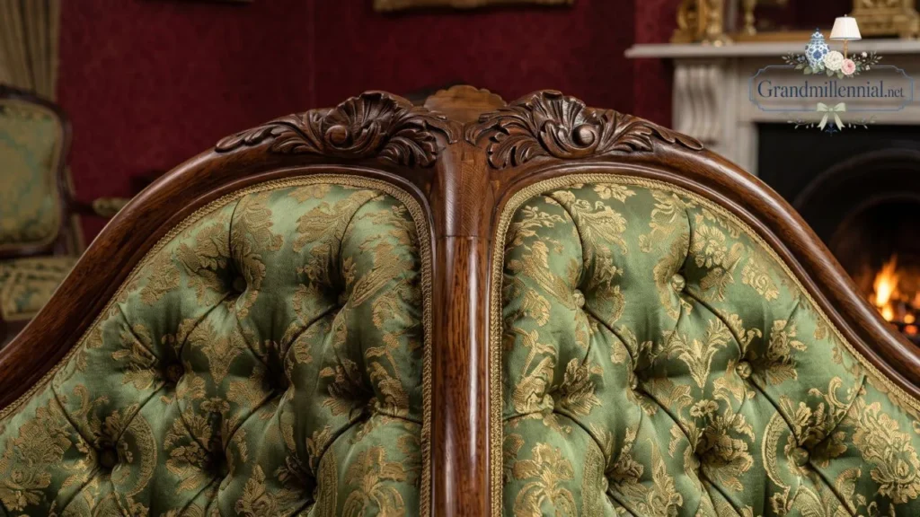 Close-up of serpentine backrest and cabriole legs on a tete-a-tete sofa