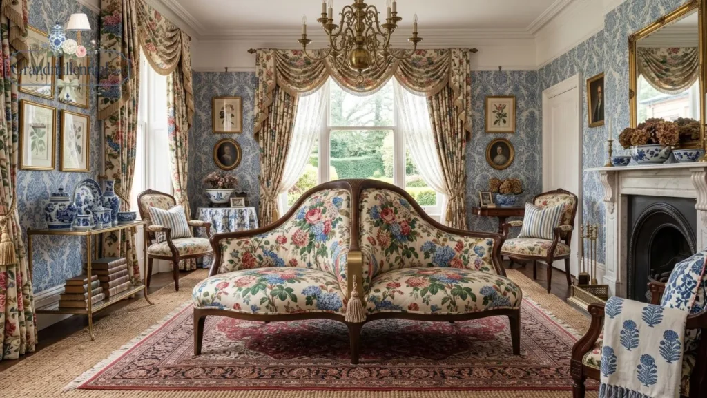 Grandmillennial-style room with floral tete-a-tete sofa and brass accents