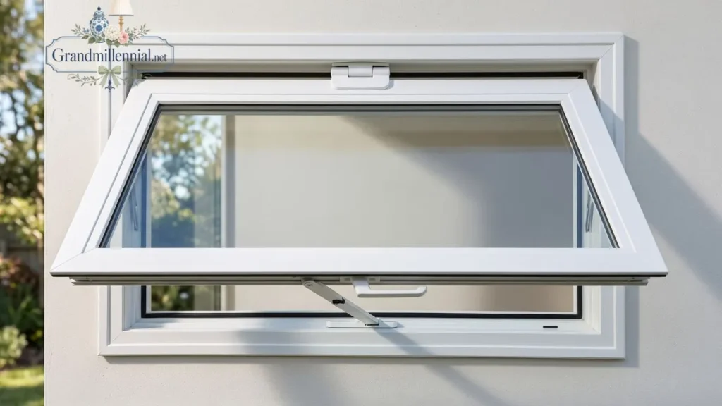 Awning window open showing top hinge and outward tilt
