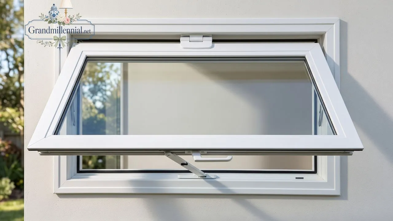 Awning window open showing top hinge and outward tilt