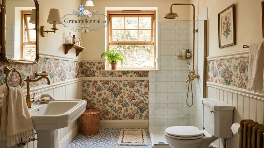 High-mounted awning window in a bathroom with vintage wallpaper