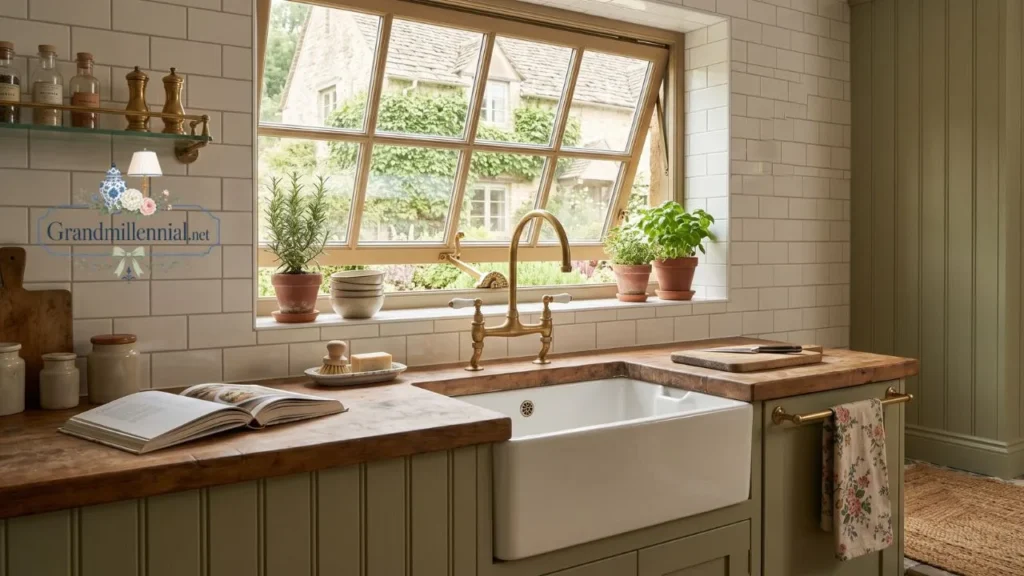 High-mounted awning window in a bathroom with vintage wallpaper