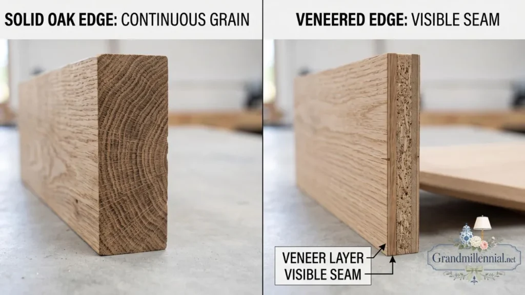 Comparison of solid oak edge and oak veneer edge construction