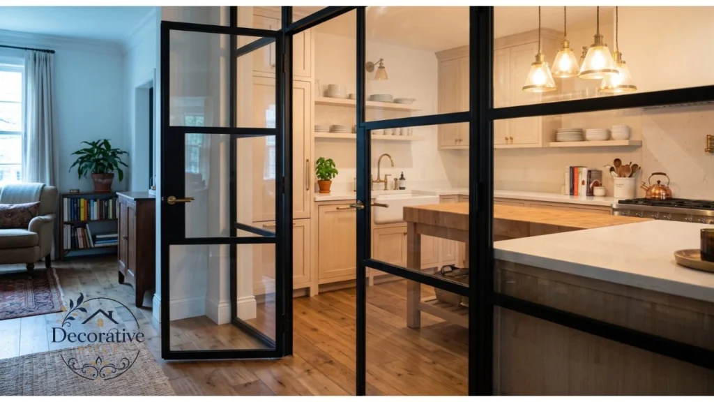 Steel-frame glass door separating kitchen from living area