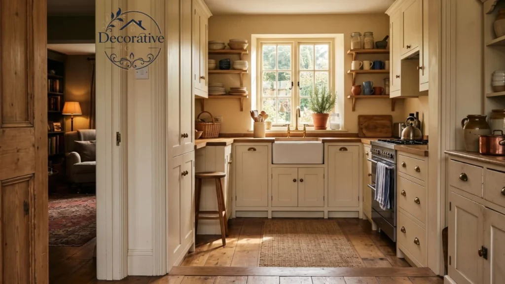 Enclosed traditional kitchen with doorway to adjoining room