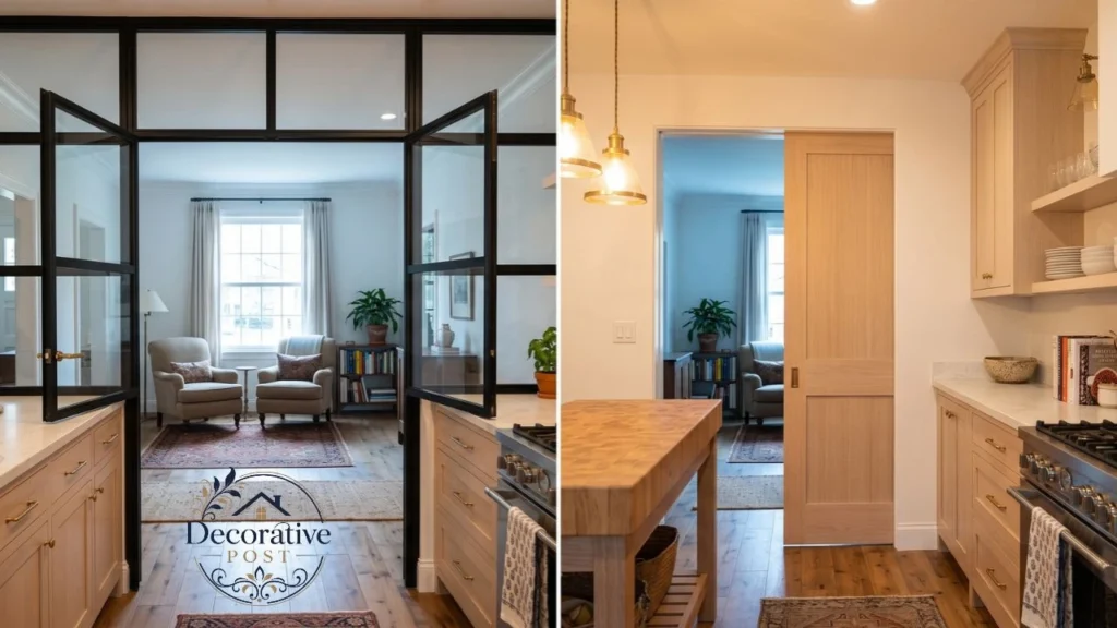 Comparison of open kitchen layout and broken-plan kitchen with pocket door