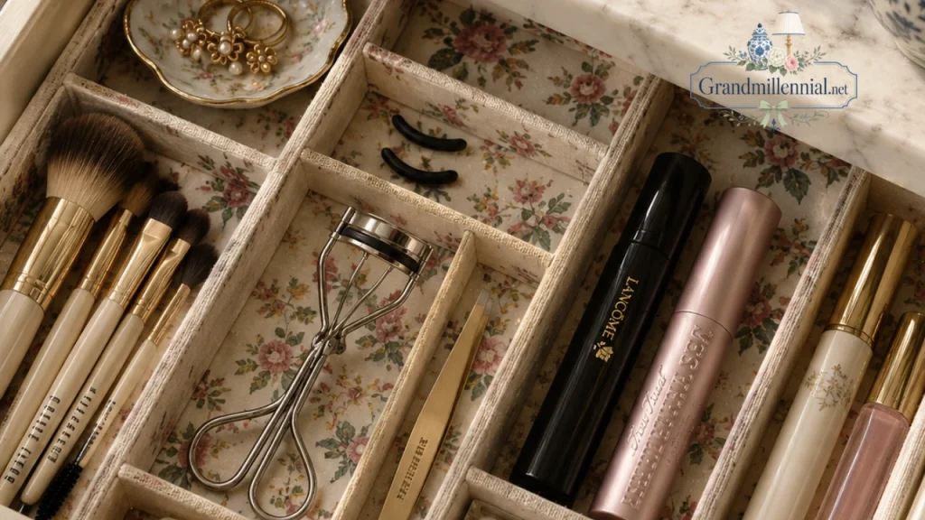 Eyelash curler stored in an organized vanity drawer
