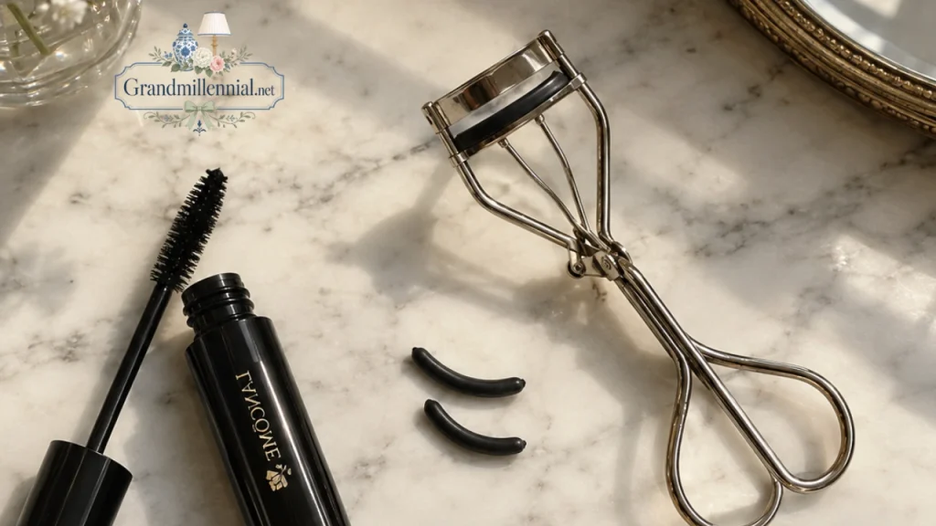 Eyelash curler with spare pads and mascara on a marble vanity