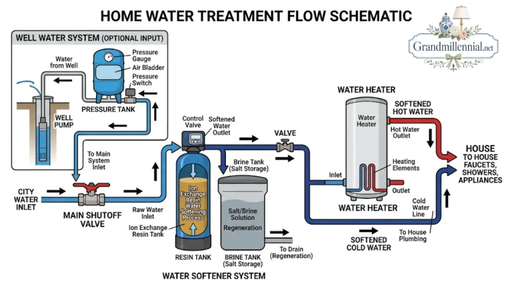 Diagram of where a home water softener goes in household plumbing