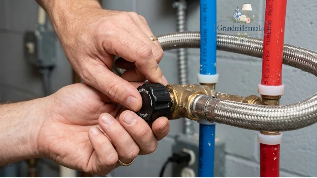 Water softener bypass valve and flexible connectors on PEX pipe