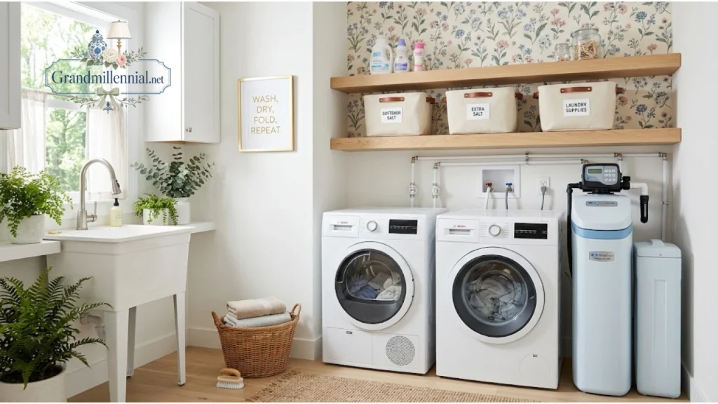 Water softener in a laundry room with shelved salt storage
