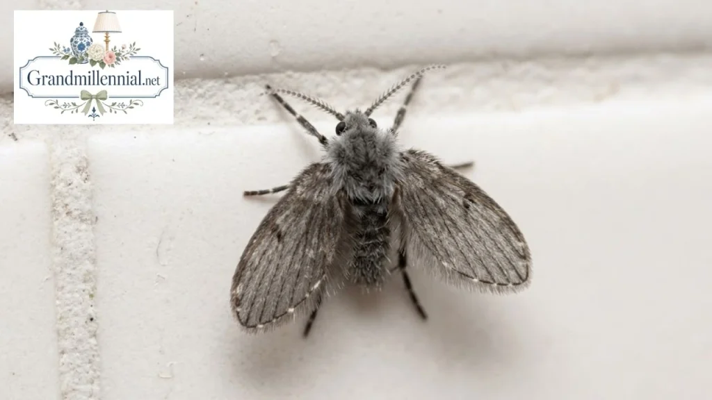 Close-up of a fuzzy drain fly on bathroom tile