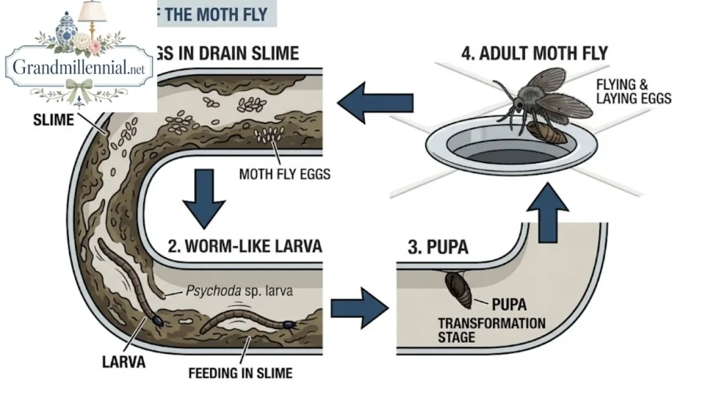 Drain fly life cycle from egg to adult