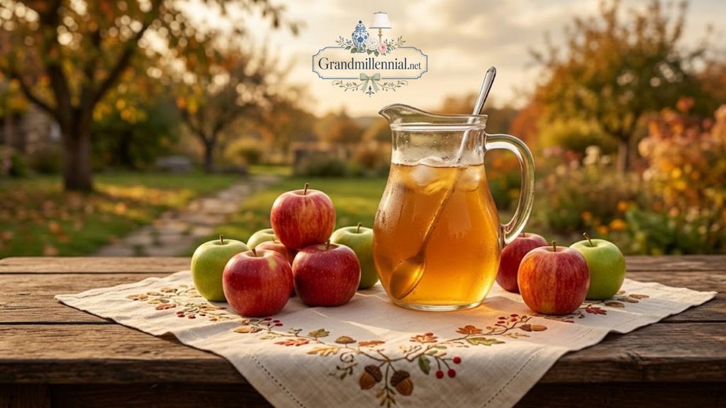 Pitcher of apple juice with fresh apples on a rustic table