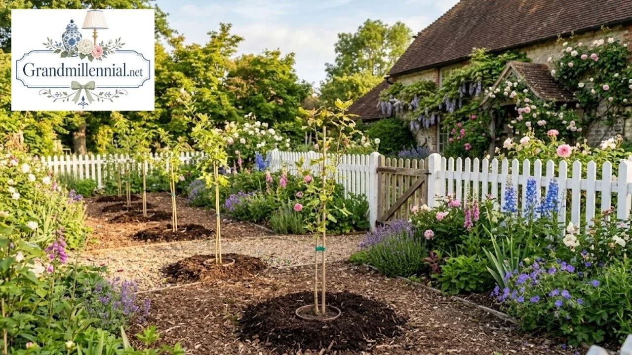 Newly planted fast growing saplings in a cottage garden