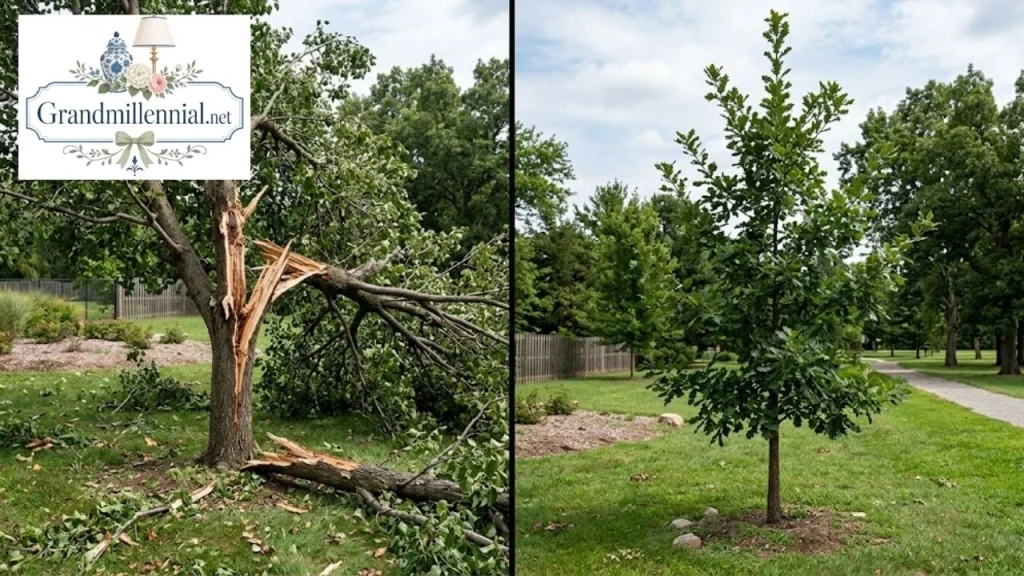 Split Bradford pear compared with a strong young oak