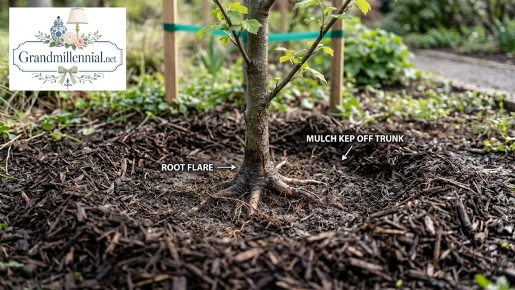Sapling planted with root flare visible and mulch ring