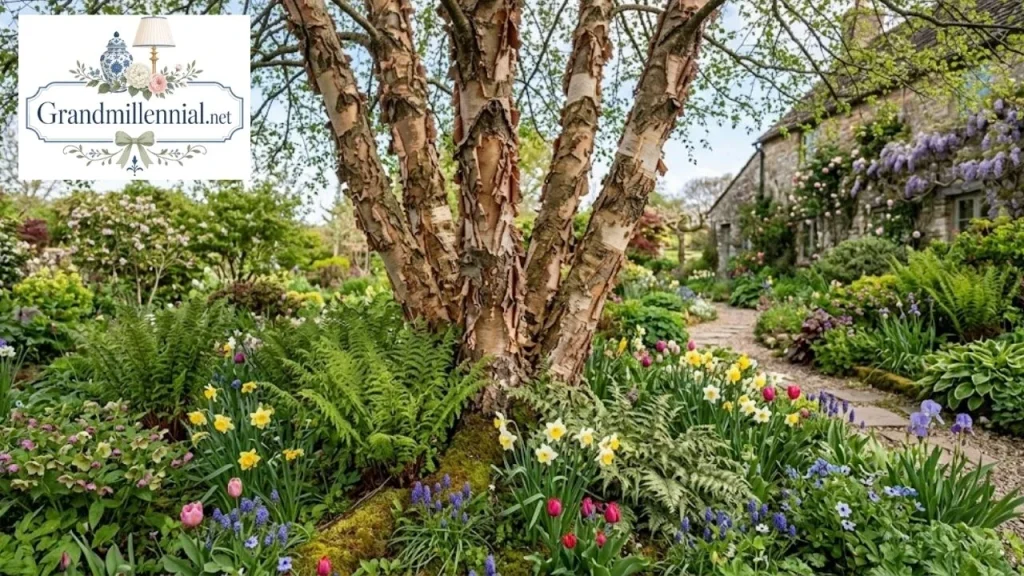 River birch underplanted with ferns and bulbs