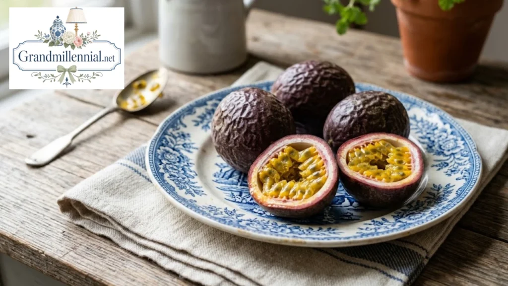 Halved purple passion fruit showing golden pulp and seeds