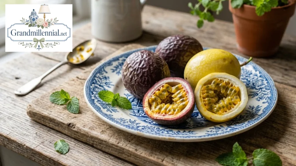 Purple and yellow passion fruit compared, whole and halved