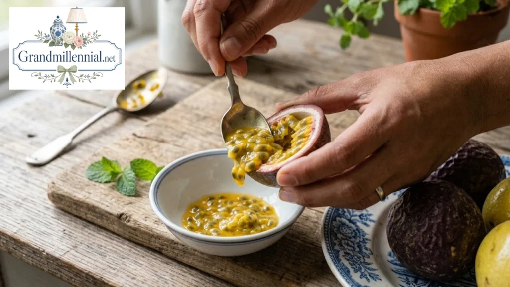 Scooping passion fruit pulp with a spoon