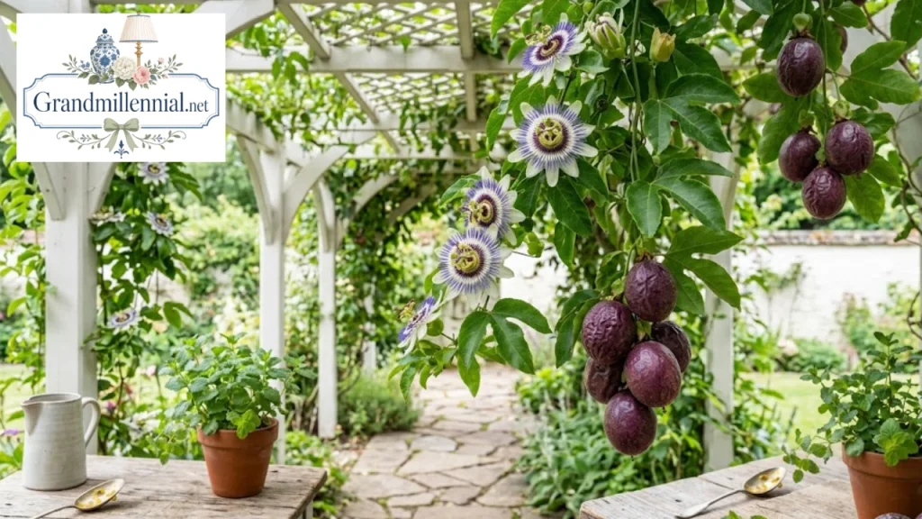 Passion fruit vine with flowers and fruit on a pergola