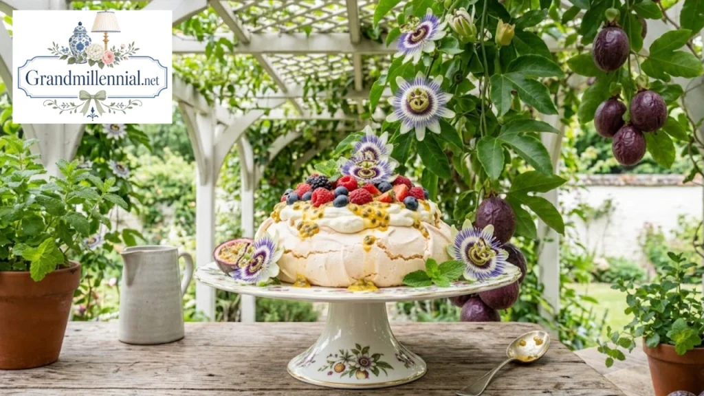 Pavlova topped with passion fruit pulp