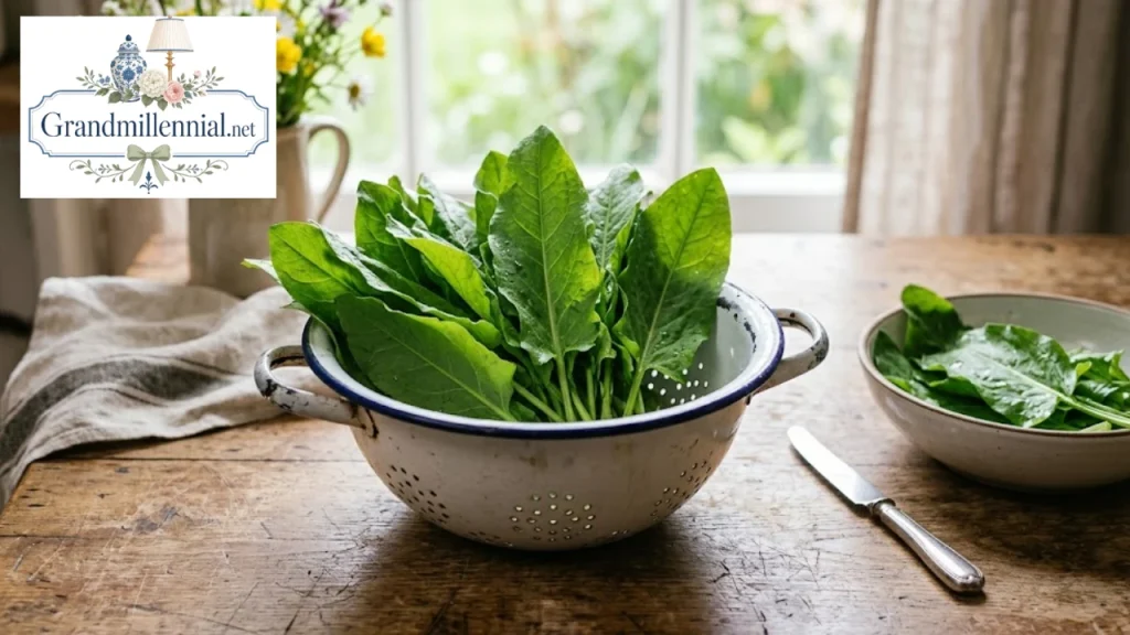 Fresh garden sorrel leaves in an enamel colander