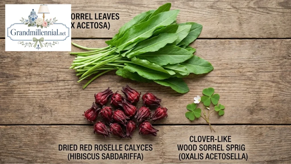 Garden sorrel, Jamaican sorrel (roselle) and wood sorrel compared