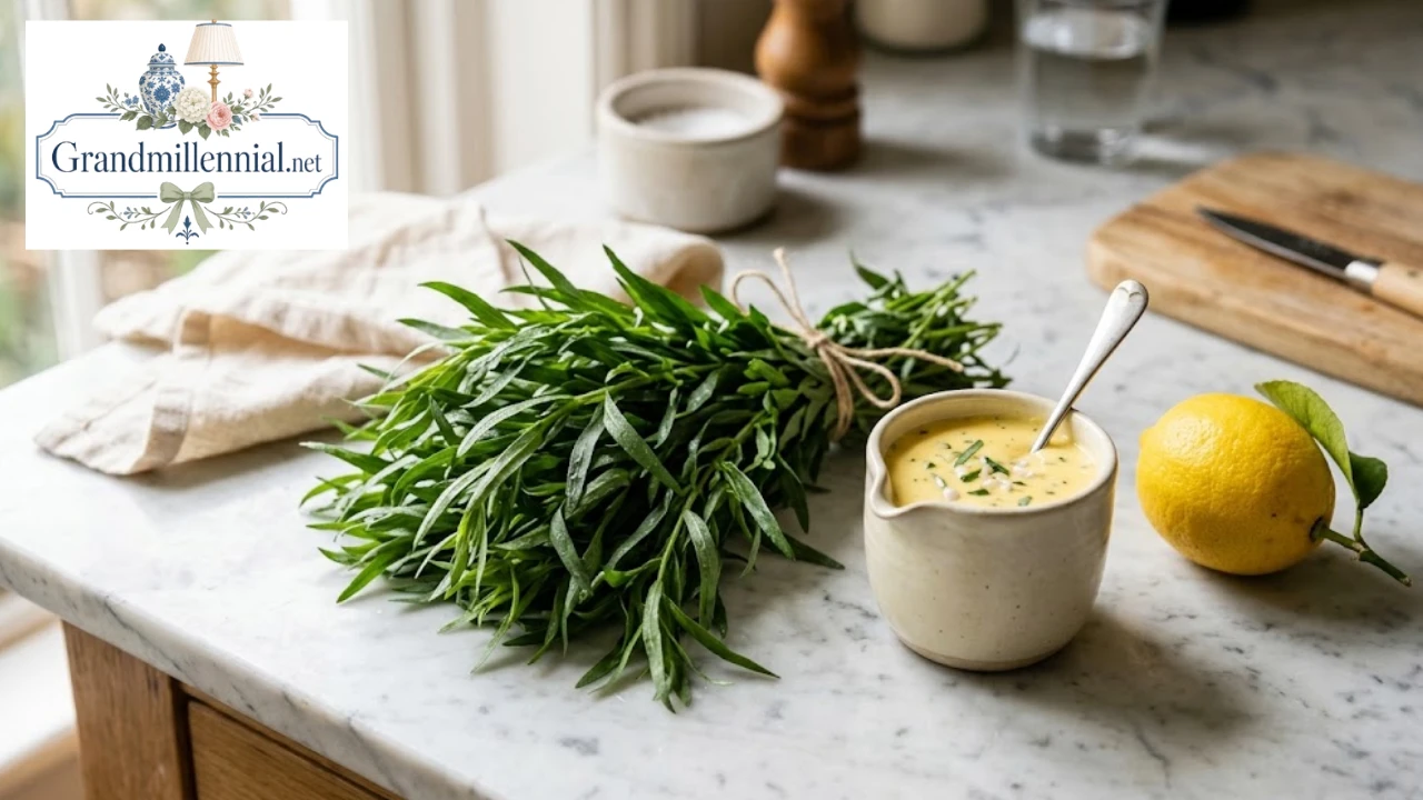 Fresh tarragon sprigs with Béarnaise sauce and lemon