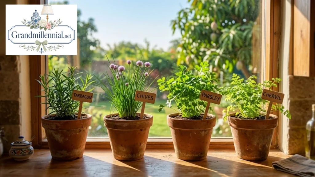 Pots of tarragon and fines herbes on a kitchen windowsill