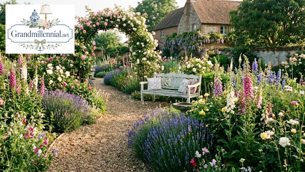 Cottage garden with rose arch, gravel path and flower borders