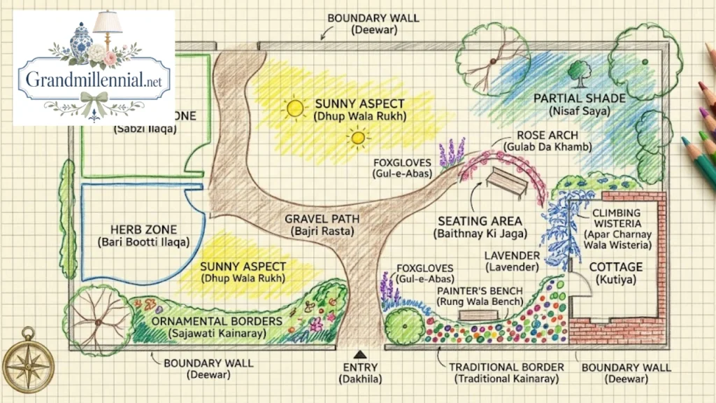 Hand-drawn garden layout plan with sun and shade zones