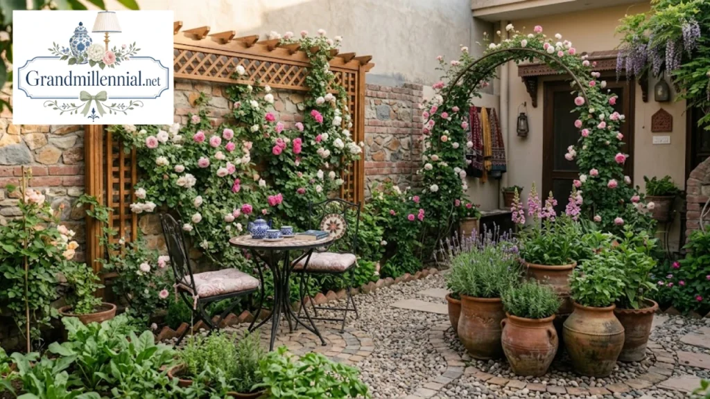 Small courtyard garden with climbing roses and pots