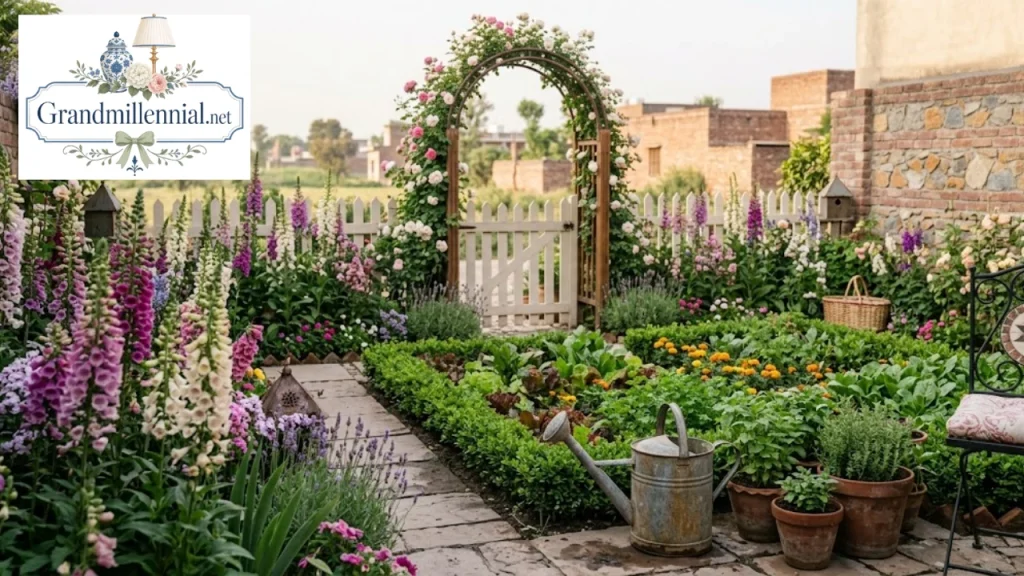 Grandmillennial cottage garden with picket fence and roses