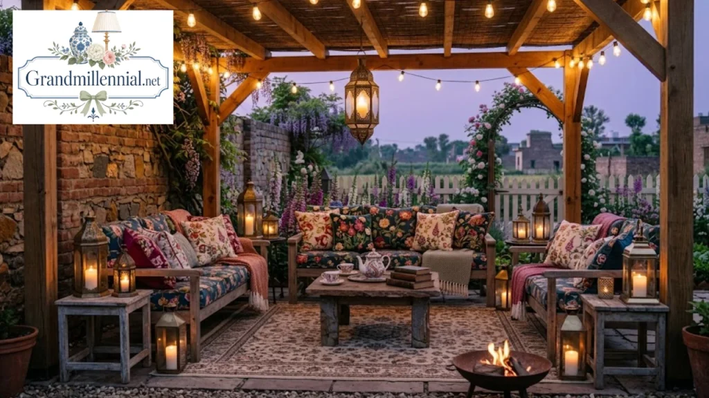 Cosy outdoor seating area with lanterns and string lights