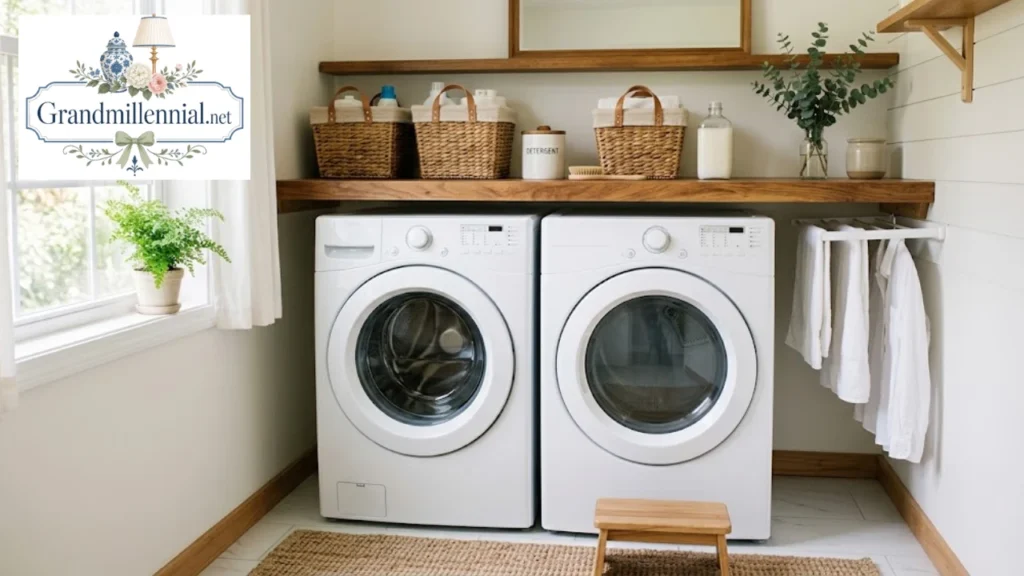 Front-load washer and dryer in a bright laundry room