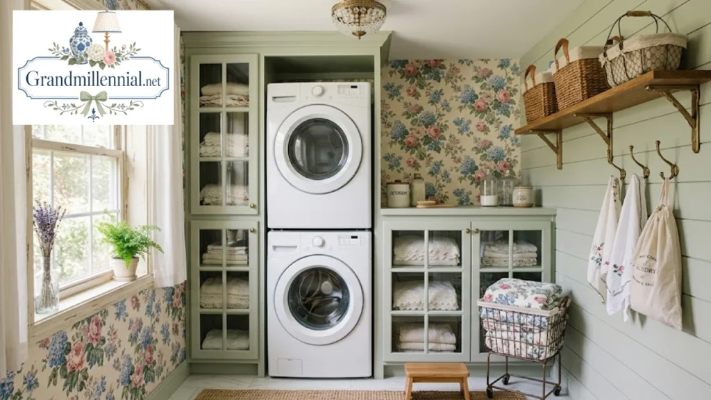 Grandmillennial-style laundry room with stacked washer and dryer