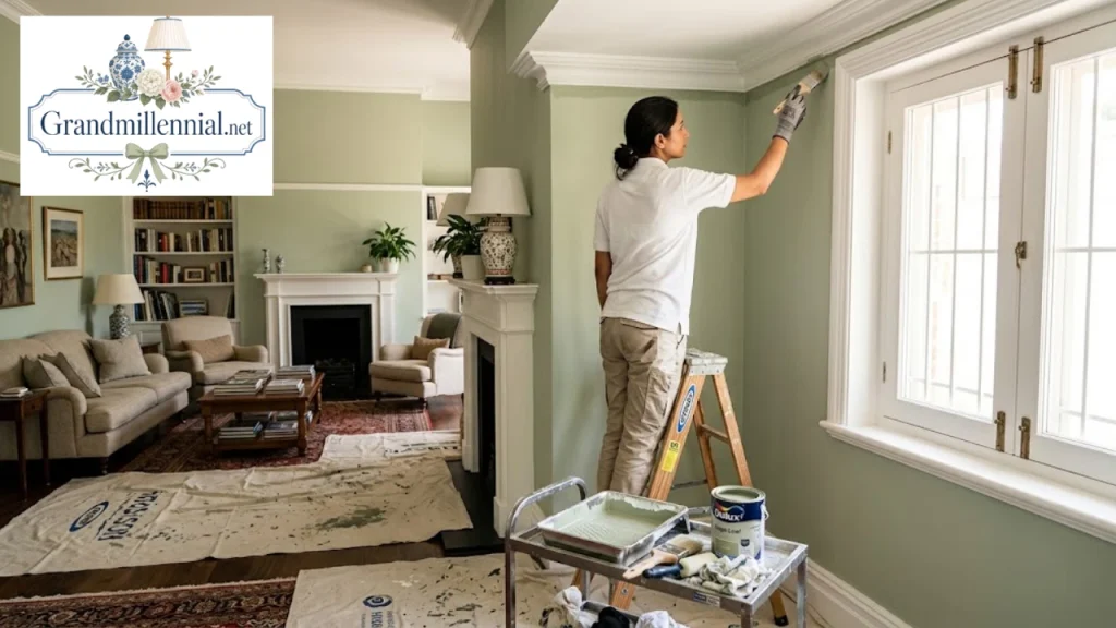 Painter cutting in a sage-green wall around white trim