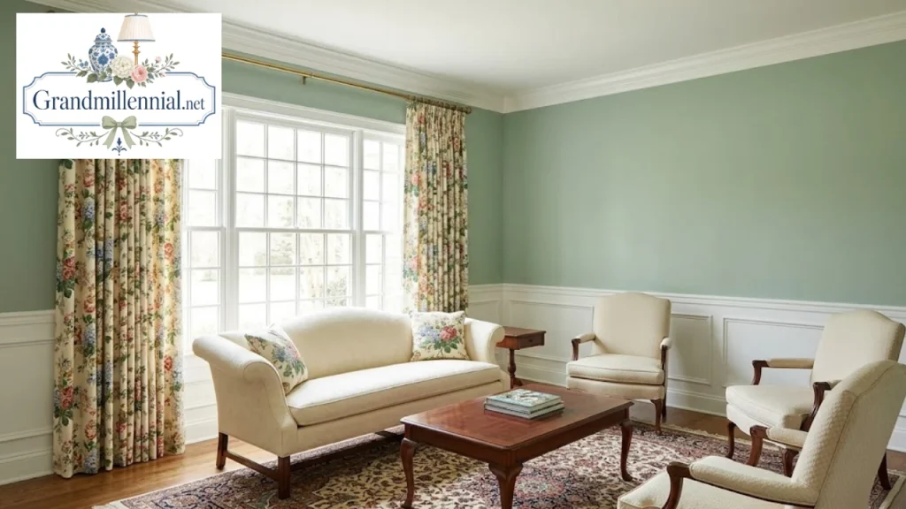 Freshly painted living room with green walls and white trim