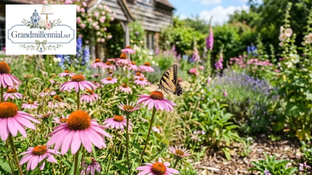 Purple coneflowers in a summer border with a butterfly