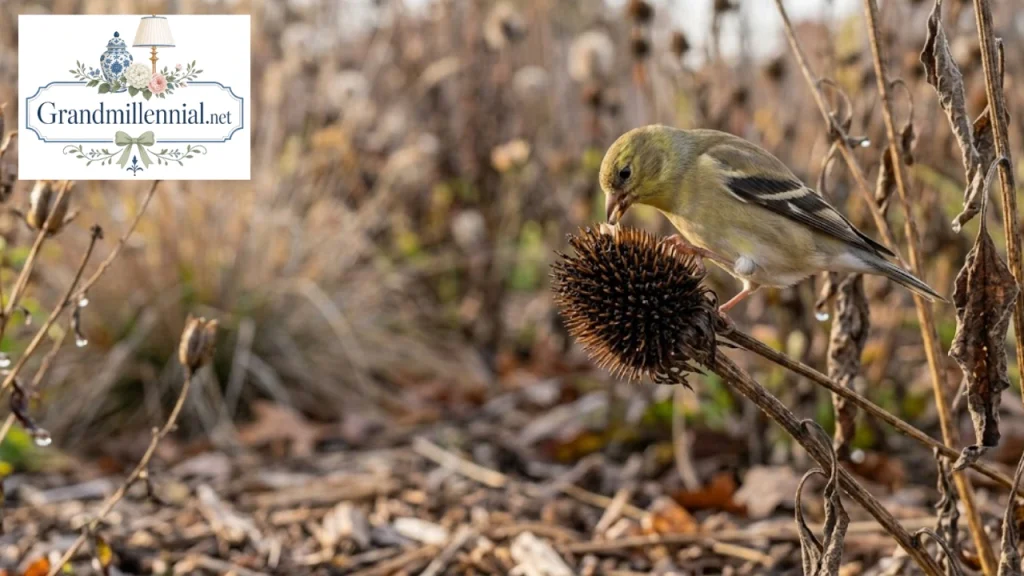 Goldfinch eating seeds from a coneflower seed head