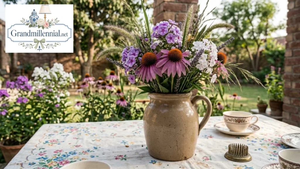 Bouquet of purple coneflowers in a vintage jug