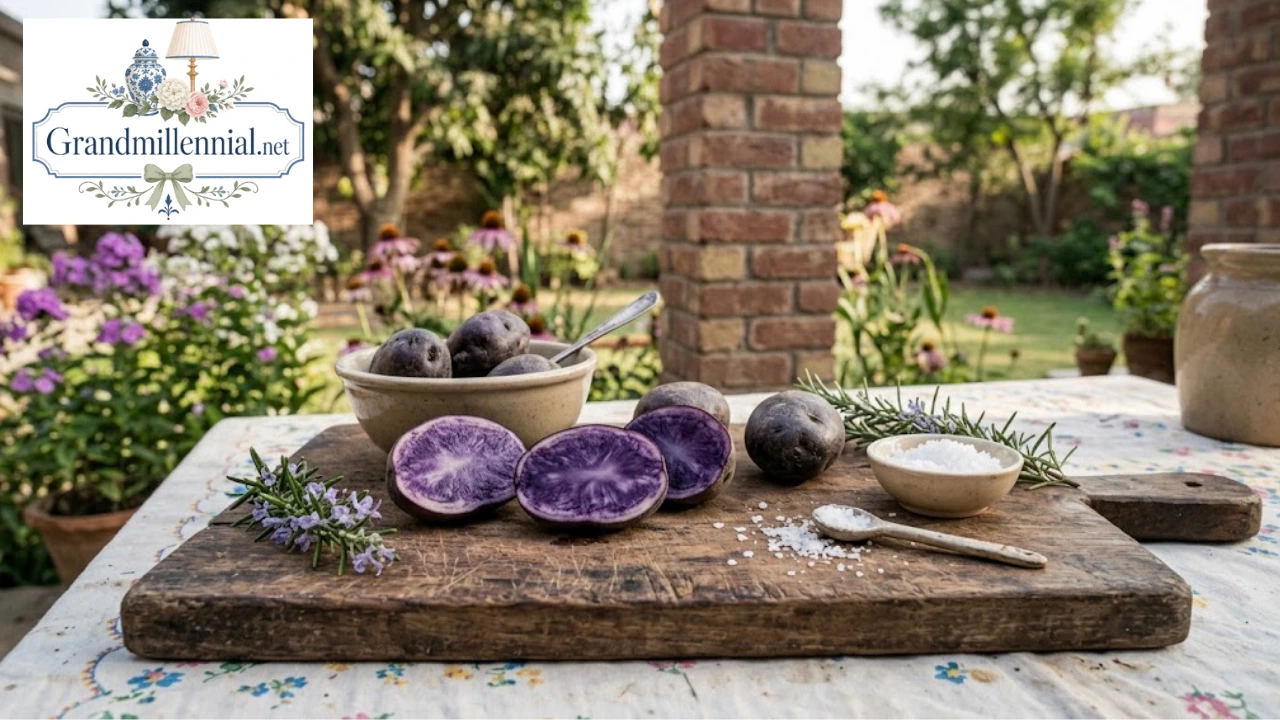 Halved purple potatoes showing violet flesh