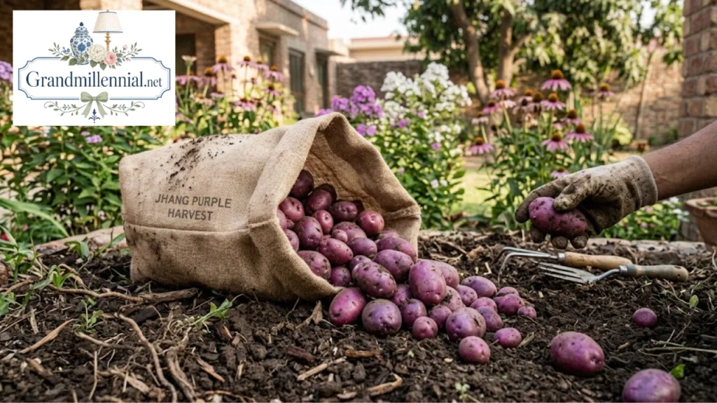 Harvesting purple potatoes from a grow bag