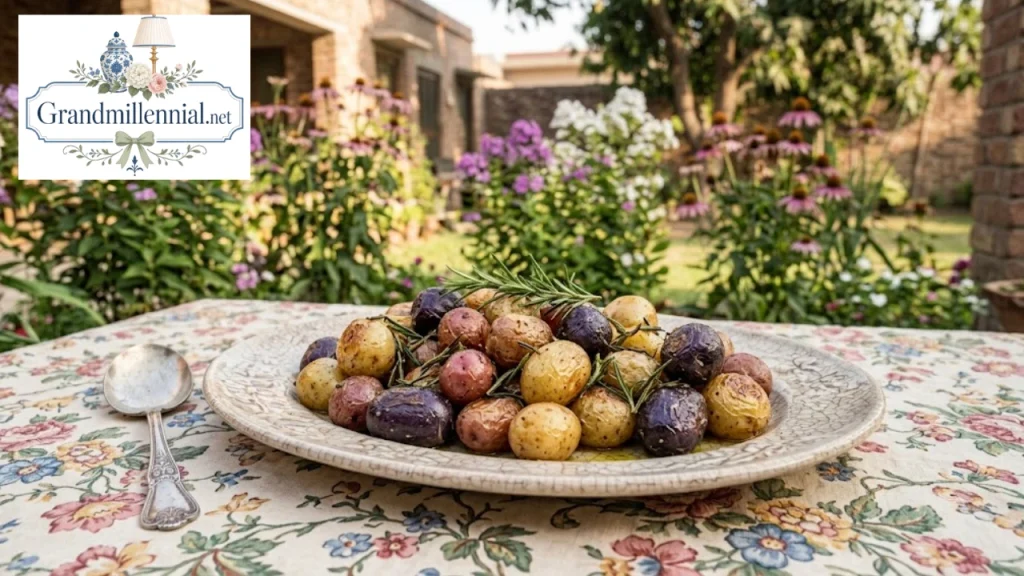 Roasted purple, red and gold potatoes on a platter