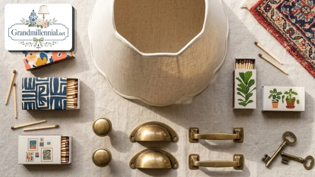 Scalloped lampshade, brass knobs, matchbox sleeve and small mirror laid flat on linen